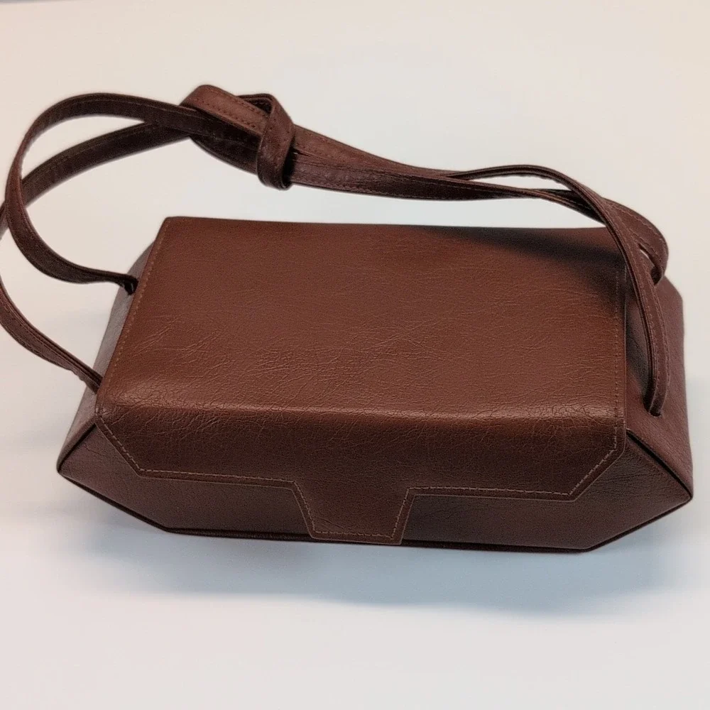 Vintage Geometric Brown Travel Vanity Makeup Case w/ Mirror, 8x4x3 in.
